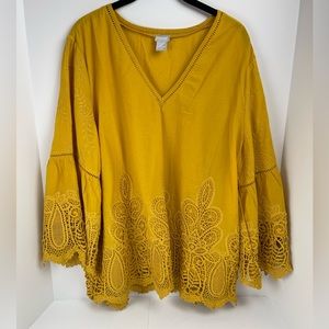 Size 16/18 New Chico’s Embroidered Lace Cutout Top Mustard Yellow Autumn